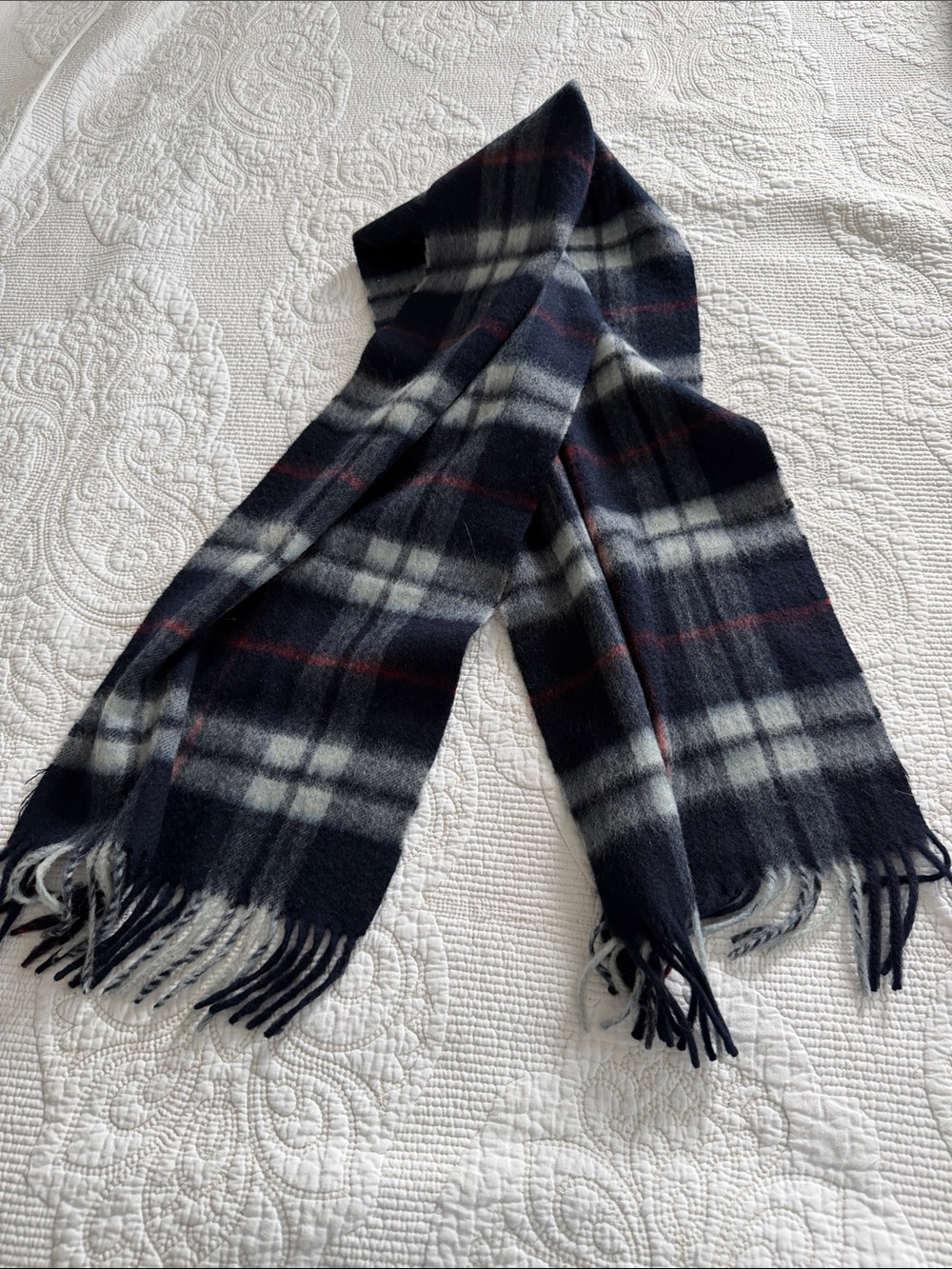 TENE Plaid Winter Scarf Navy Blue Red White Fringe 55x12